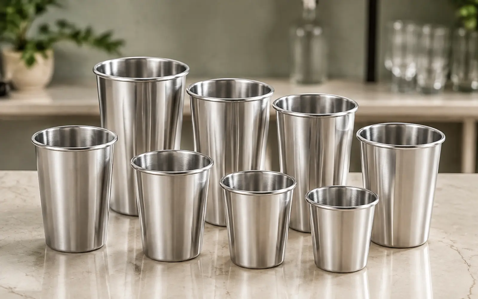 Stainless steel beer cups in several sizes on a light counter.