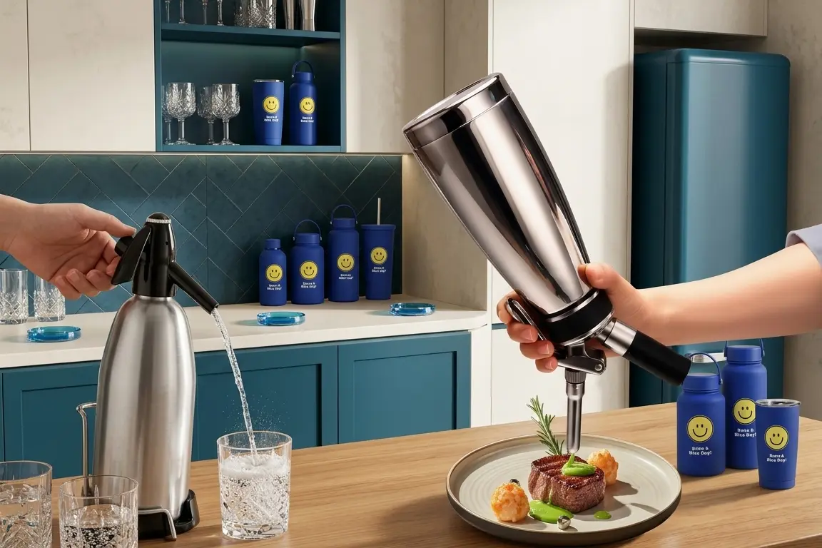 Preview of cream whipper, soda siphon and drinkware in a café setting.