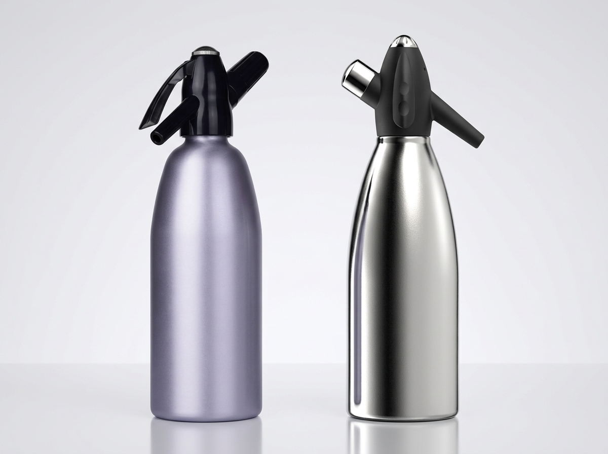 Two soda siphons side by side: one light lavender-gray and one stainless steel.